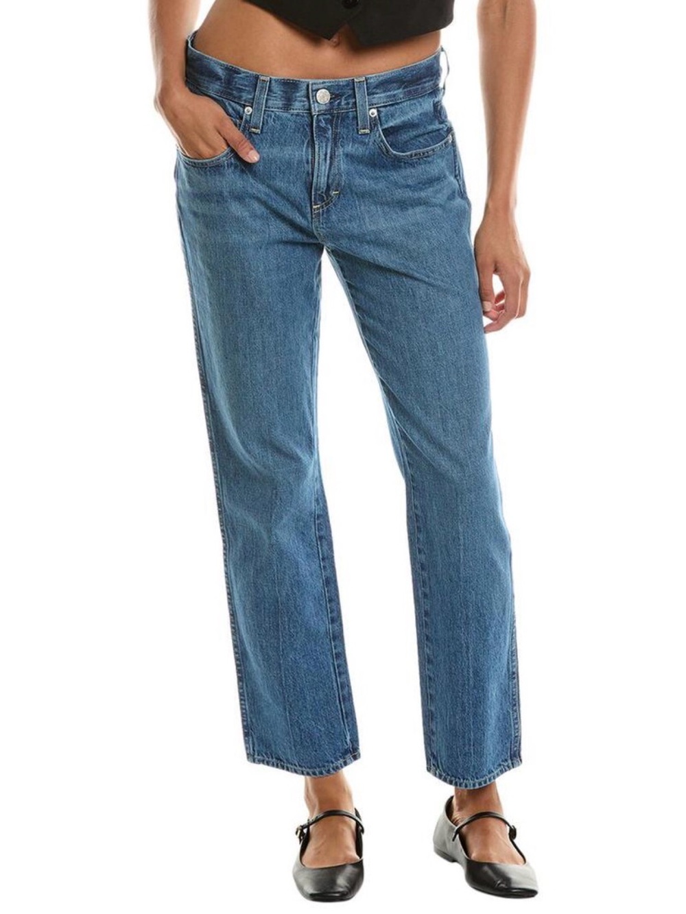 AMO women’s Harriet Mid-Blue Straight Jeans in Apple Pie